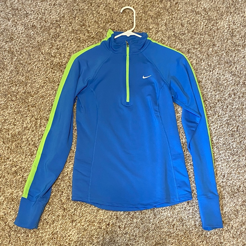 Nike Blue Quarter-Zip Long Sleeve Top with Neon Green Trim